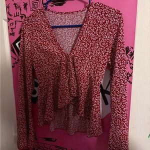 SHEIN Red and White Floral V-Neck Long Sleeve Blouse